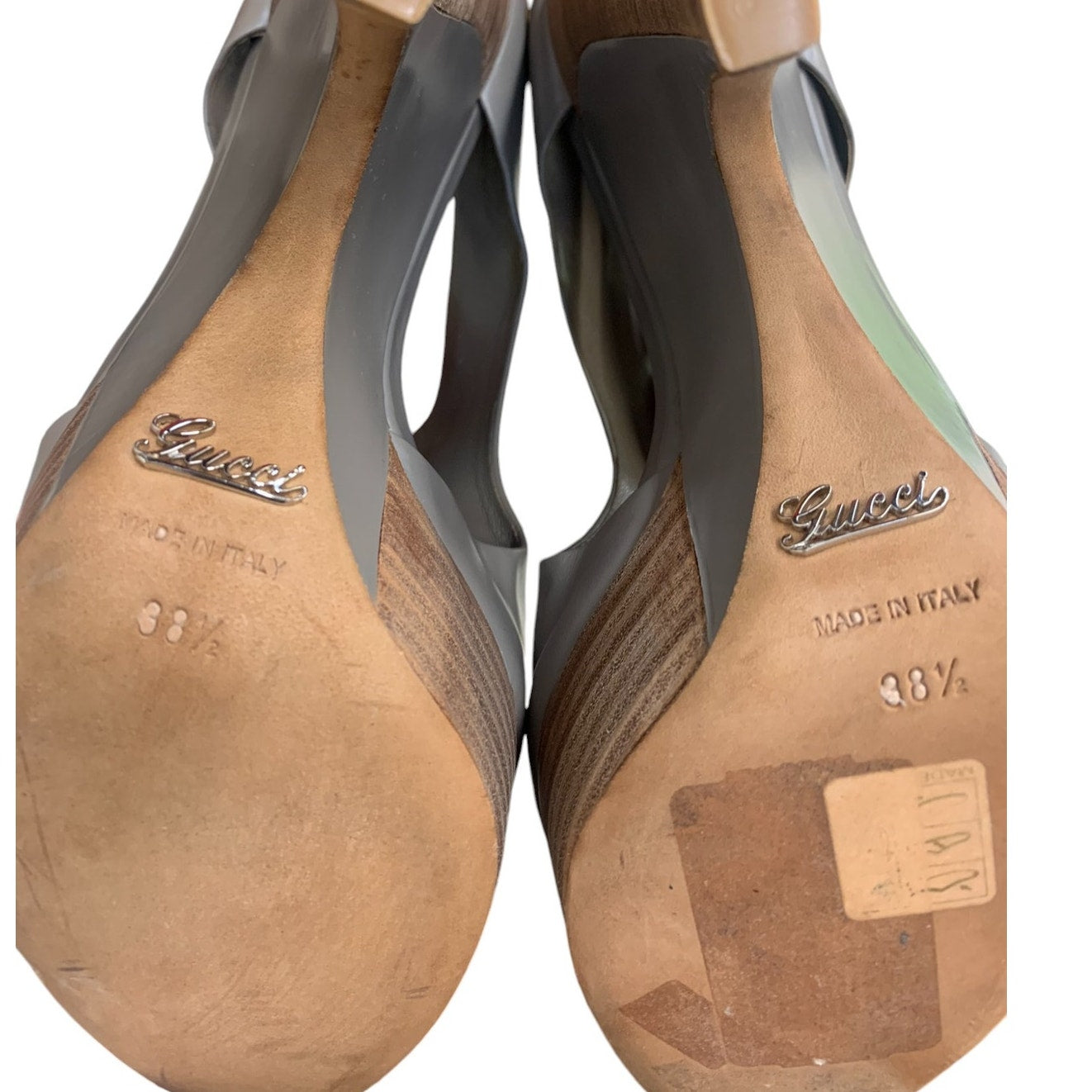 GUCCI Clemence Wooden Platform Wedges Peep Toe SZ EU 38.5