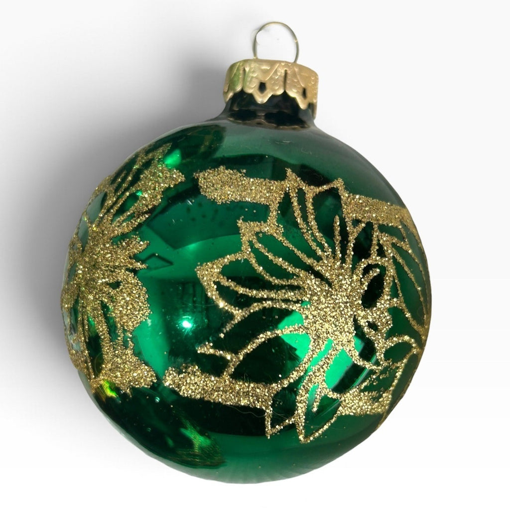Victoria Collection Green Gold Glitter Poinsettia Glass Ornaments Set of 4 USA