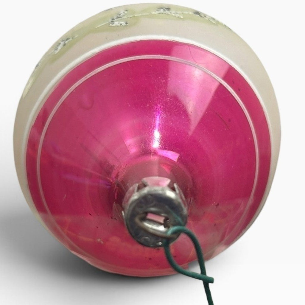 Vintage Poland Pink White Glass Teardrop Christmas Ornament Glitter Patina 3.5in