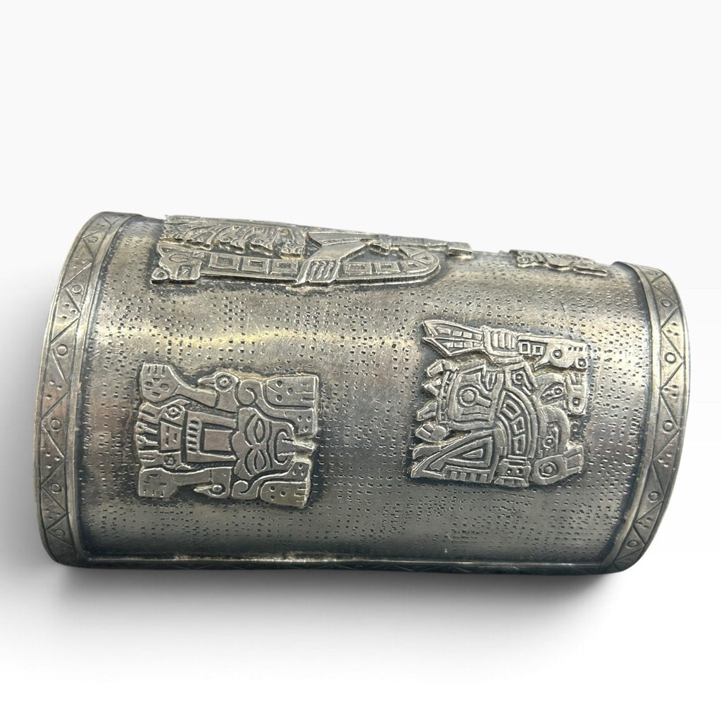 Vintage Peruvian Silver Cuff Bracelet Incan Inti Sun God Embossed 121g Patina