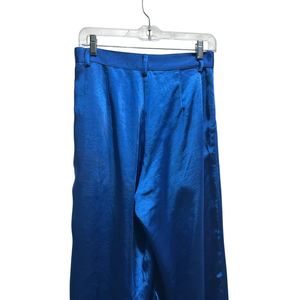Women Royal Blue Satin Wide Leg Pleated High Waist Trousers Size M Glam Dressy