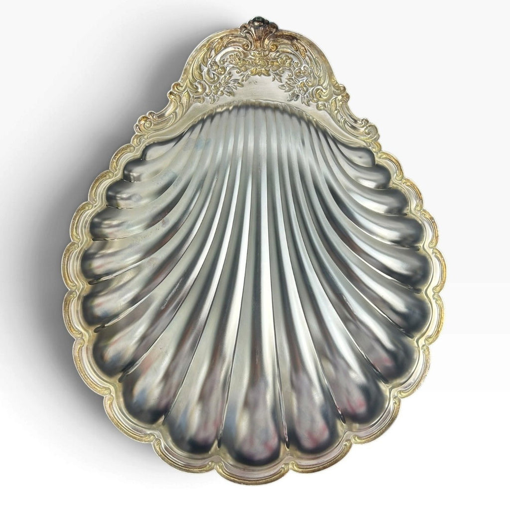 14" Vintage Silver Plated Scalloped Shell Dish Ornate Floral Handle Trinket Tray