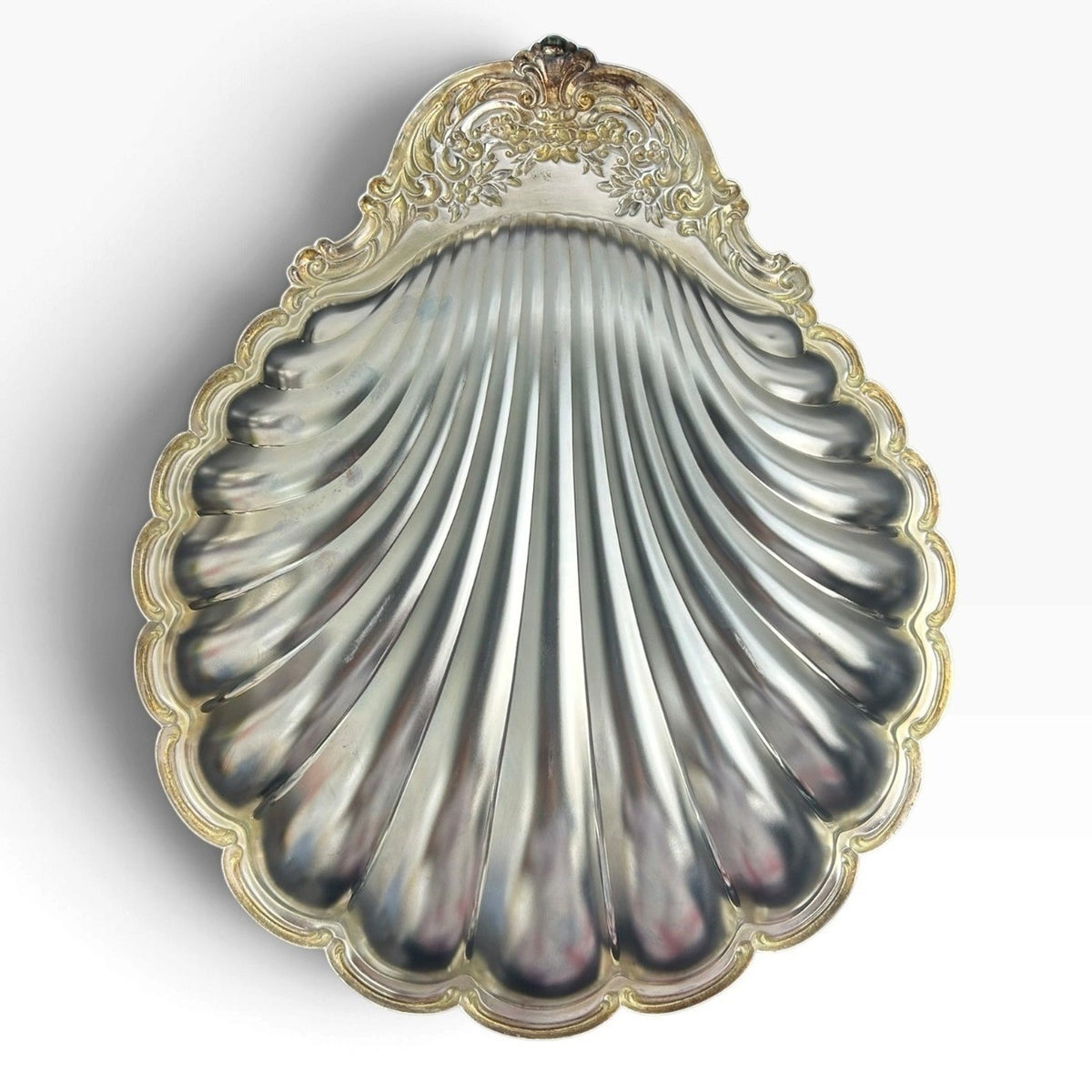 14" Vintage Silver Plated Scalloped Shell Dish Ornate Floral Handle Trinket Tray