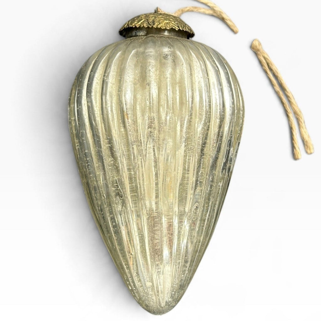 Vintage Style Ribbed Mercury Glass Kugel Christmas Ornament Champagne Silver