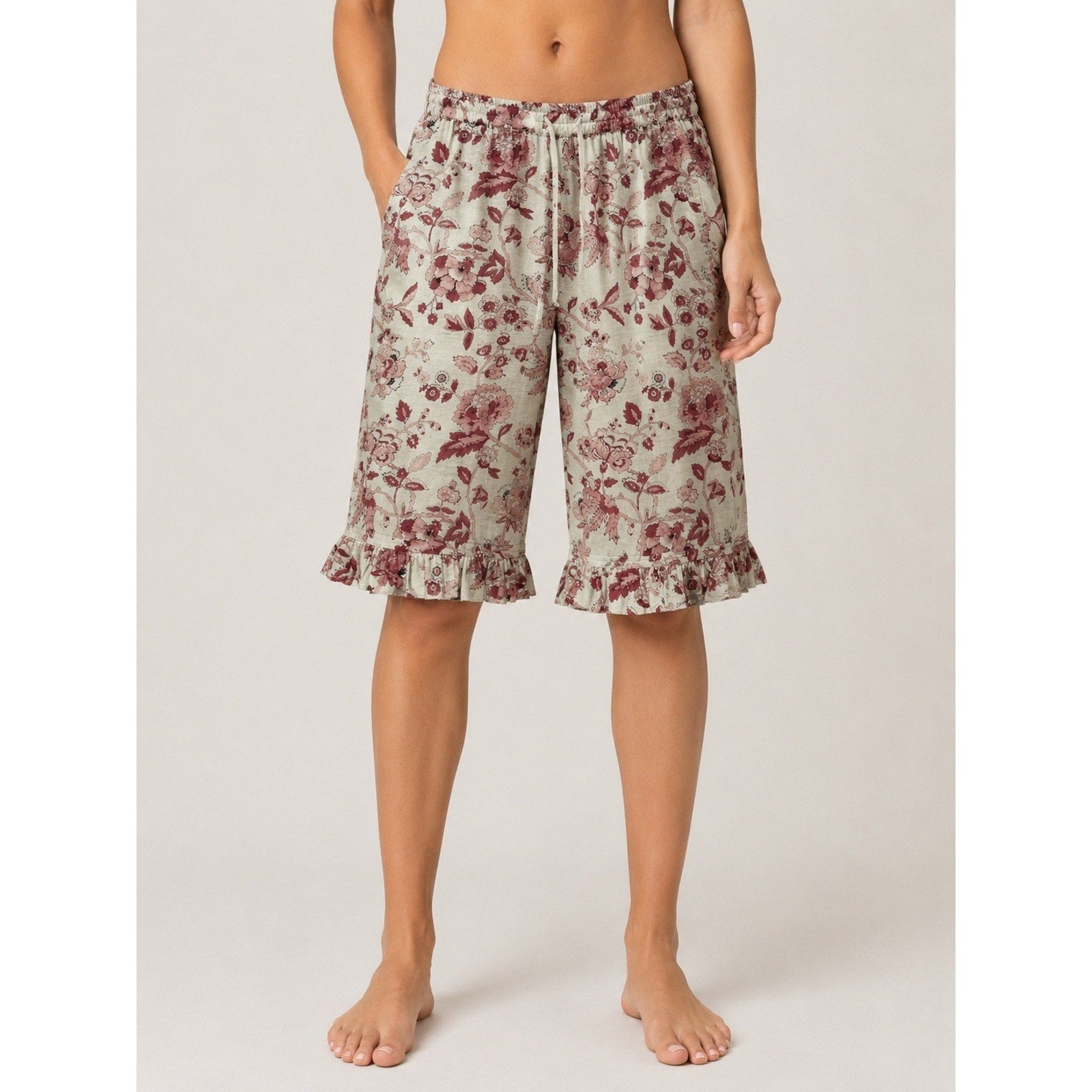 Sundance Women Red Floral Toile Ruffle Pajama Shorts Cream Size S Elastic Waist