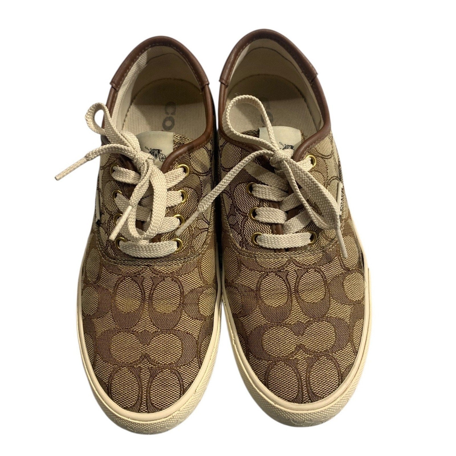 Coach C2705 Signature Monogram Canvas Low Top Sneakers Khaki Brown Womens 6.5B
