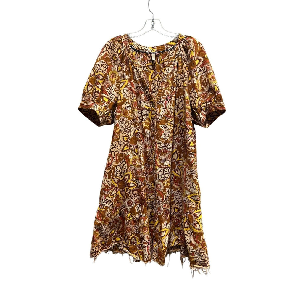 Pilcro Anthropologie Womens XL Brown Paisley Floral Puff Sleeve Tiered Mini Dres