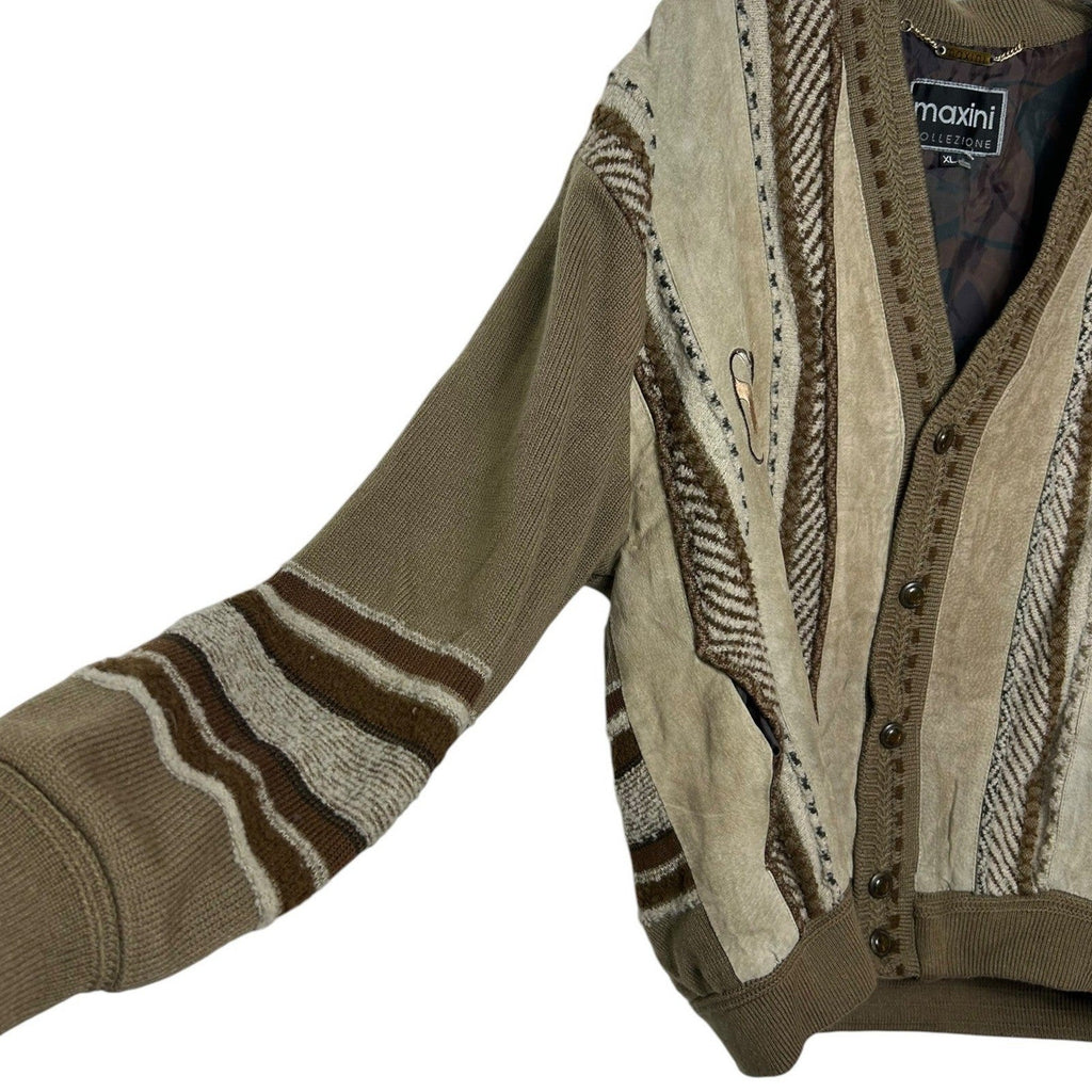 Vintage Maxini Collezione Suede 3D Knit Cardigan Jacket Mens XL Brown Tan patch