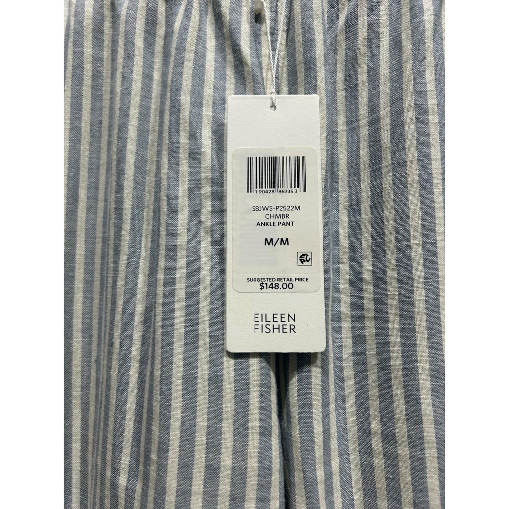 Eileen Fisher Hemp Organic Cotton Striped Ankle Pant Blue White M S8JWS-P2522M
