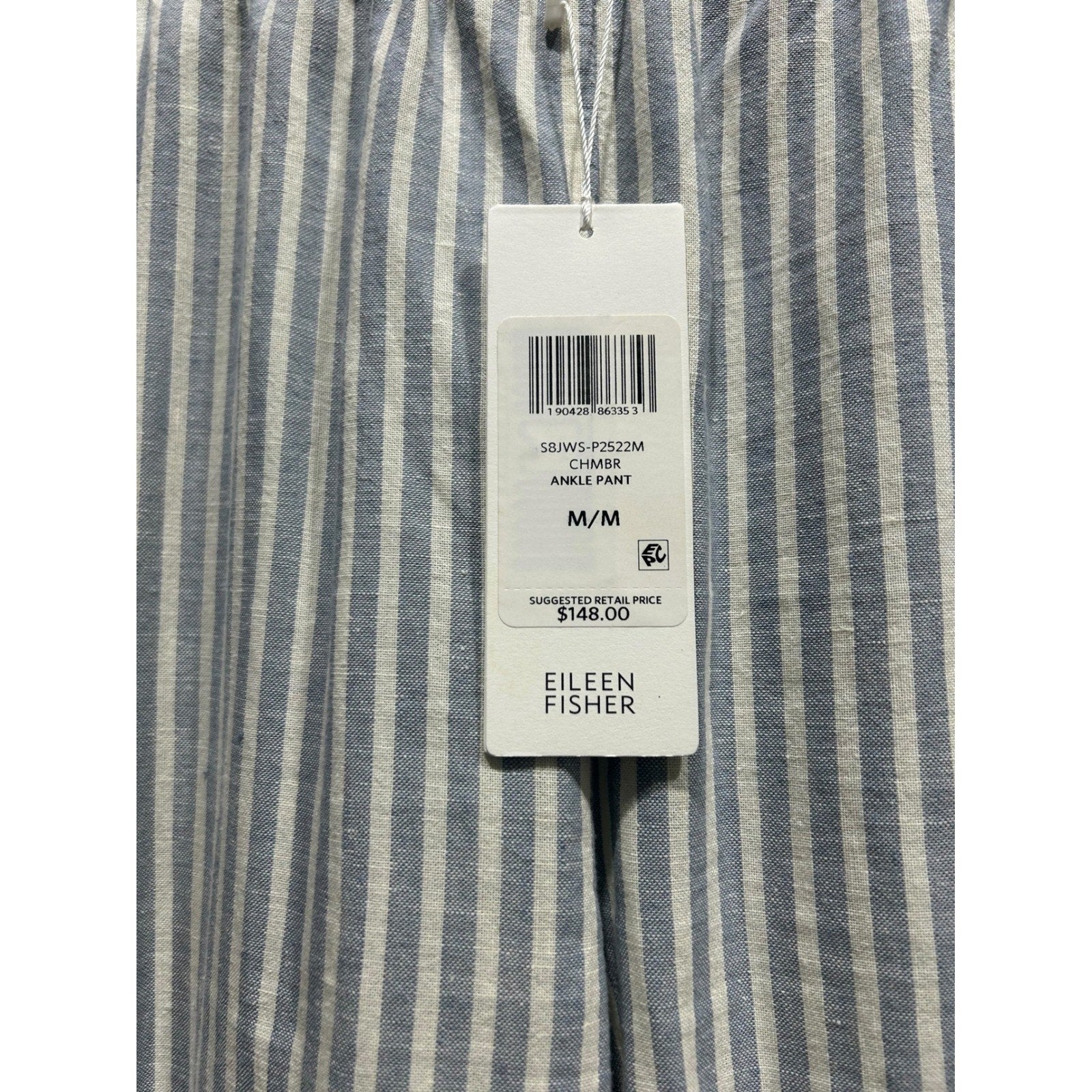 Eileen Fisher Hemp Organic Cotton Striped Ankle Pant Blue White M S8JWS-P2522M