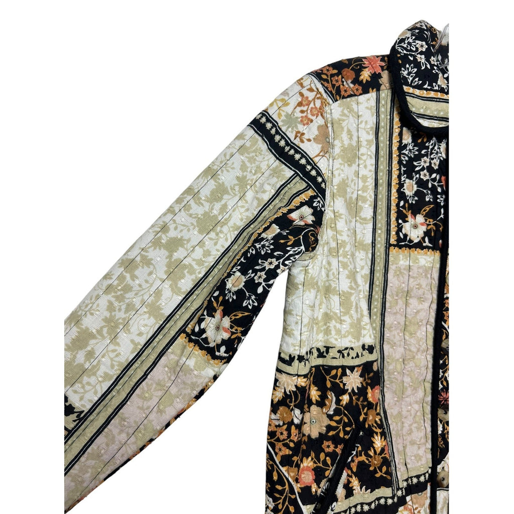 Anthropologie Quilted Patchwork Floral Jacket Black Cream Orange XS XS Boho