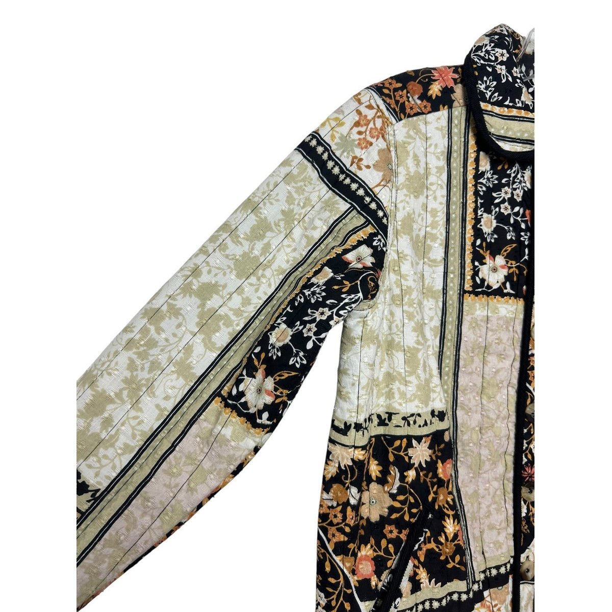 Anthropologie Quilted Patchwork Floral Jacket Black Cream Orange XS XS Boho