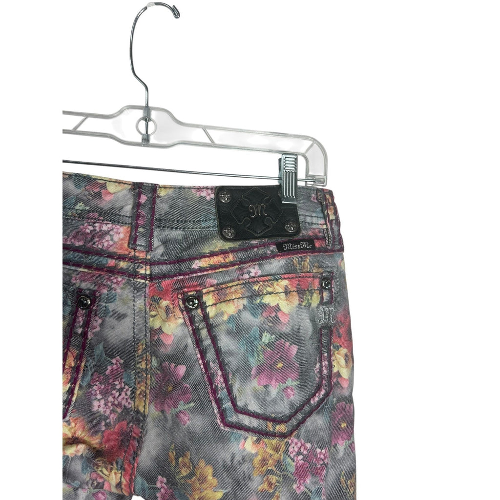 Miss Me Floral Print Skinny Jeans Grey Pink Orange Mid Rise Denim Size 27 whimsy