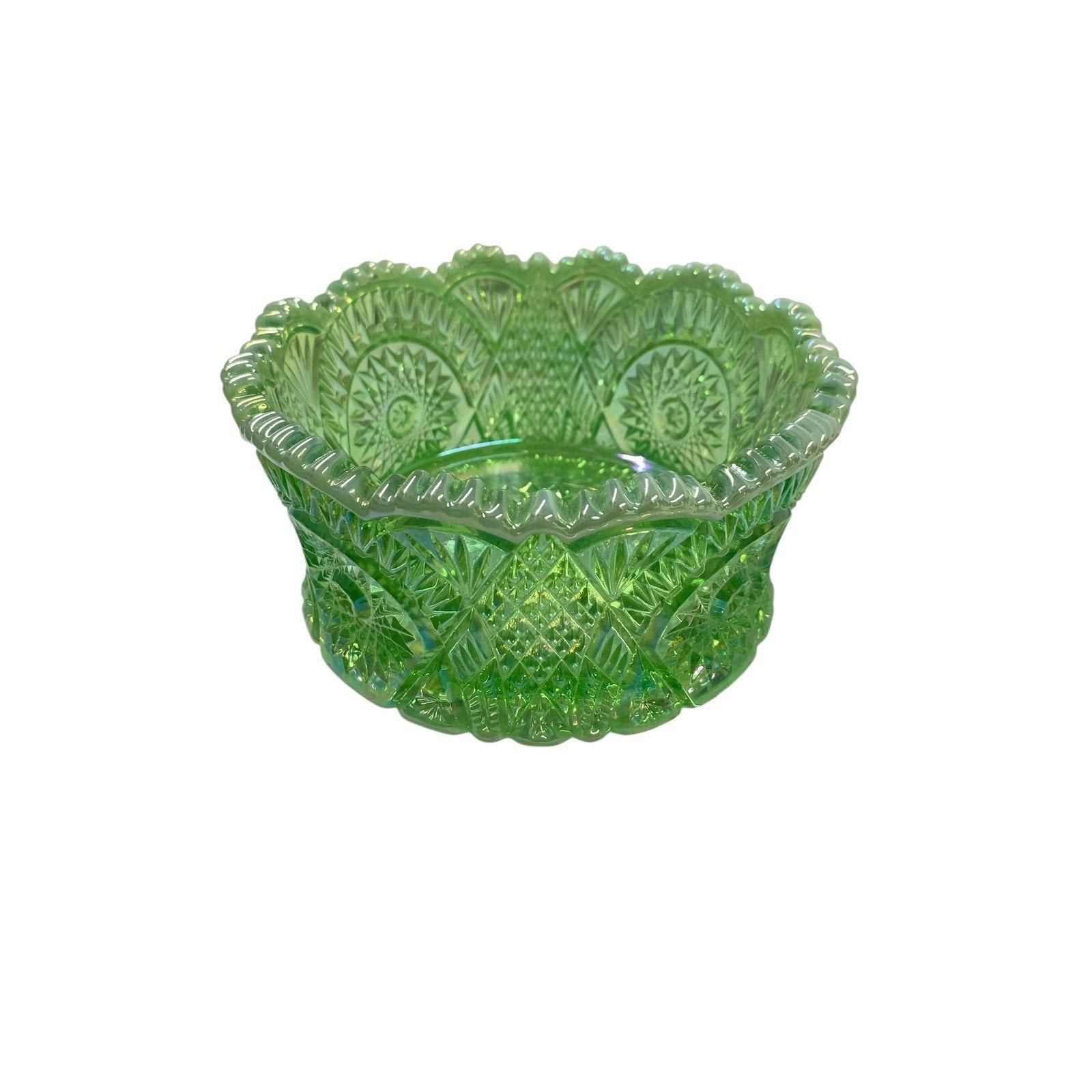 Mosser Glass Diamond Classic Bowl Vaseline Uranium Carnival Glass Green Iridesce