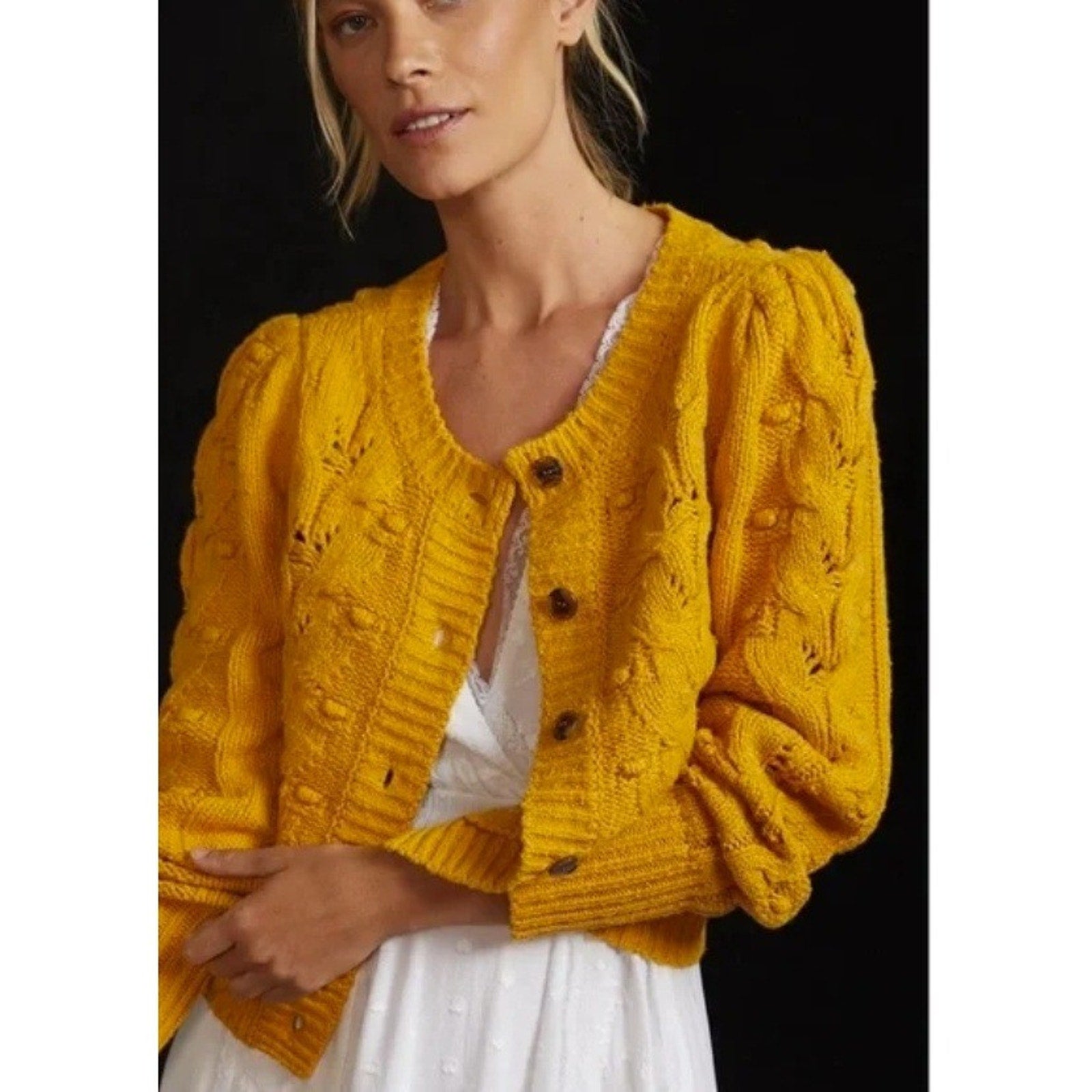 Anthropologie Mustard Yellow Cable Knit Puff Sleeve Cardigan Sweater Small