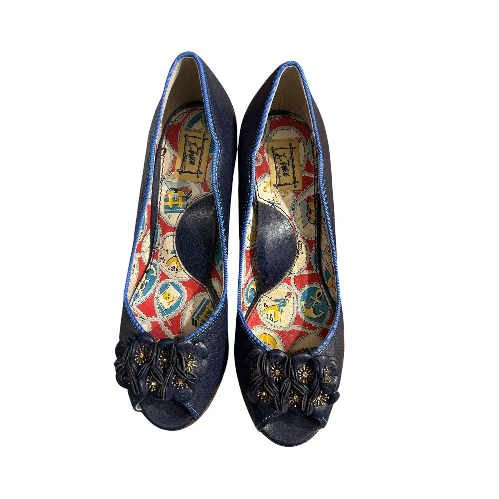Miss L-Fire Navy Blue Peep Toe Floral Pumps Nautical Pirate Lining Size 40