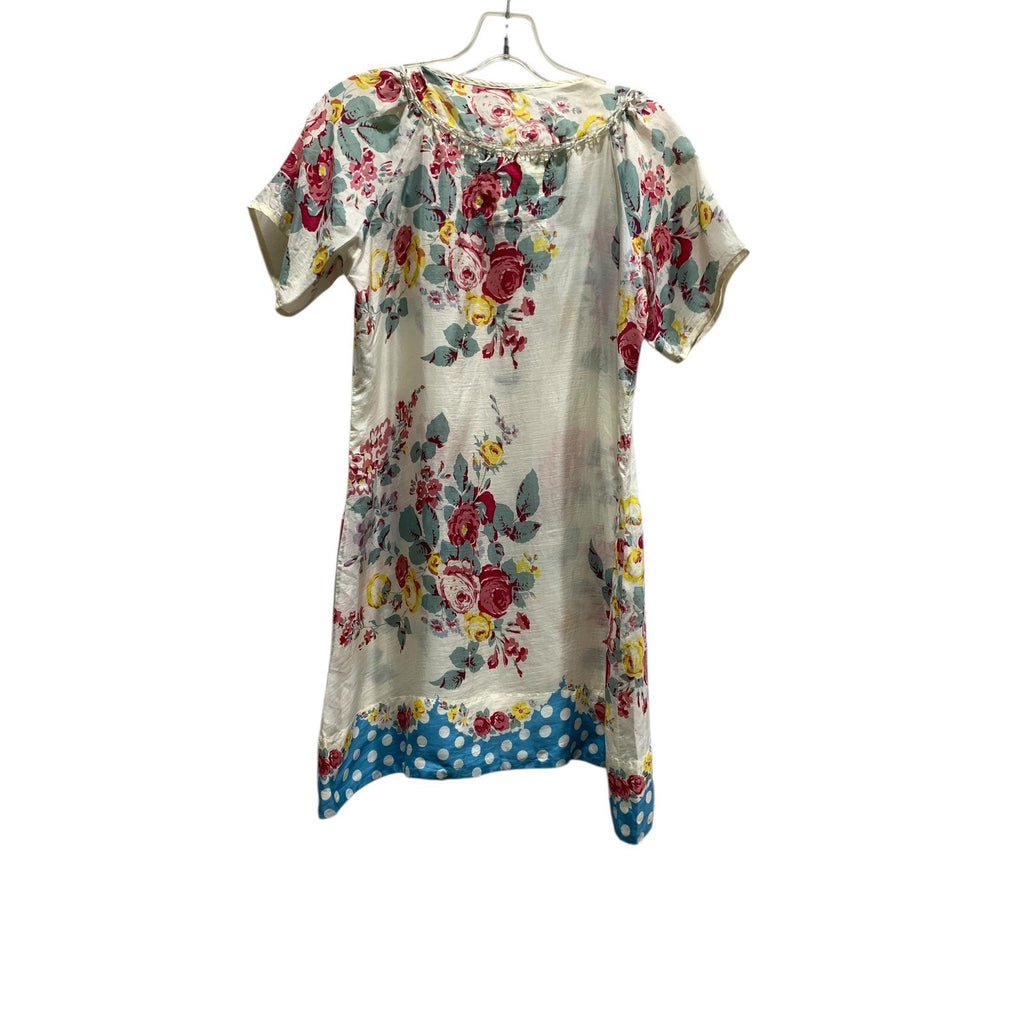 Johnny Was Silk Floral Tunic Dress XS Beaded Neckline Polka Dot Hem Vintage