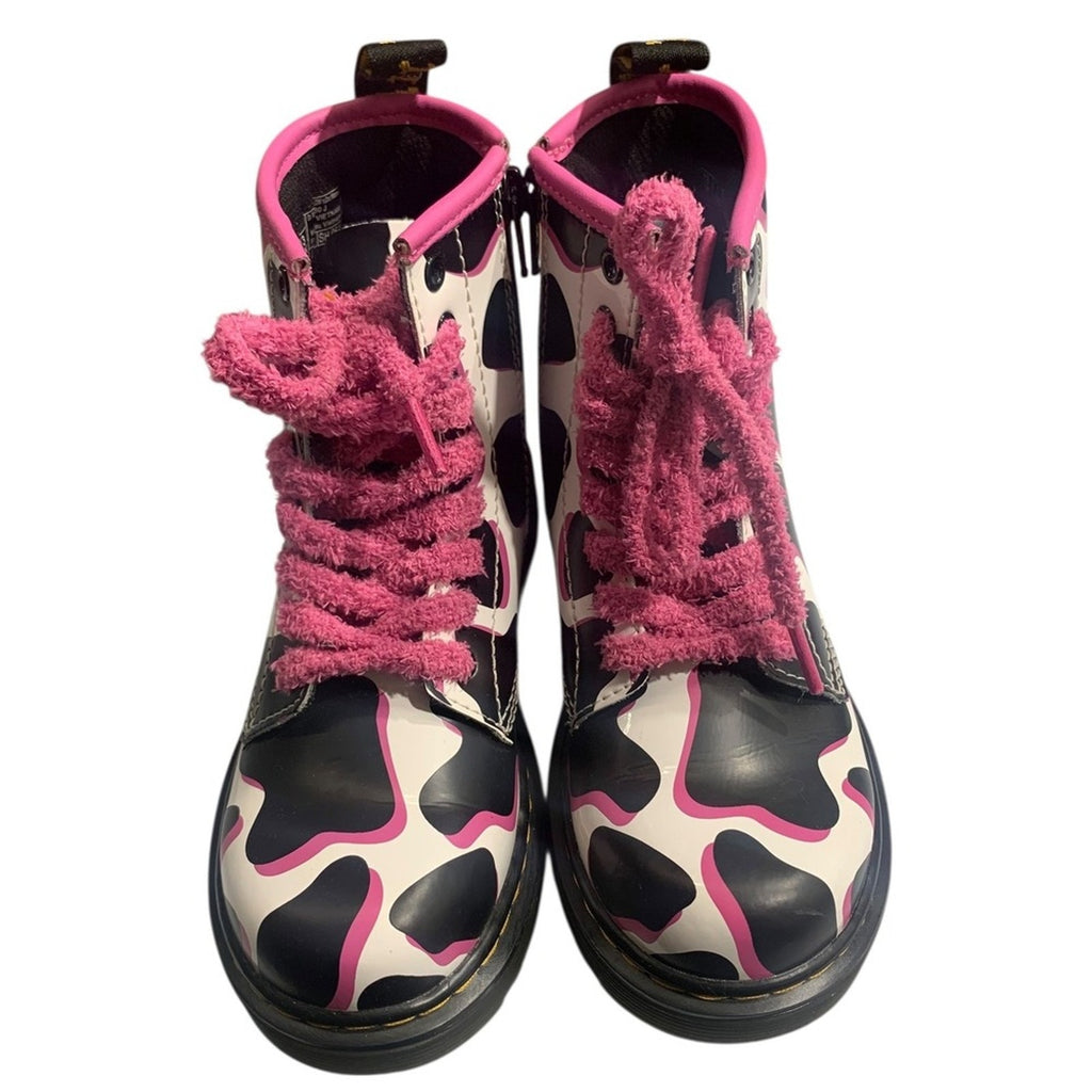Kids Dr Martens Boots Cow Print Pink Laces Side Zip Youth Size 1