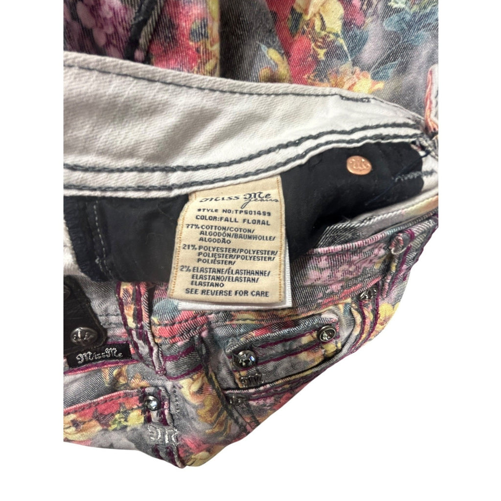 Miss Me Floral Print Skinny Jeans Grey Pink Orange Mid Rise Denim Size 27 whimsy