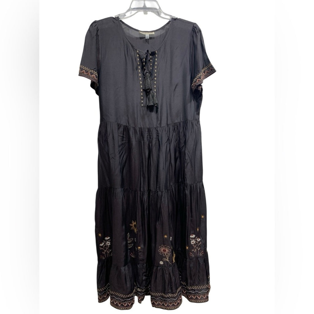 Johnny Was Calme Silk Tiered Embroidered Maxi Dr SZ M Dark Brown/Black With Slip