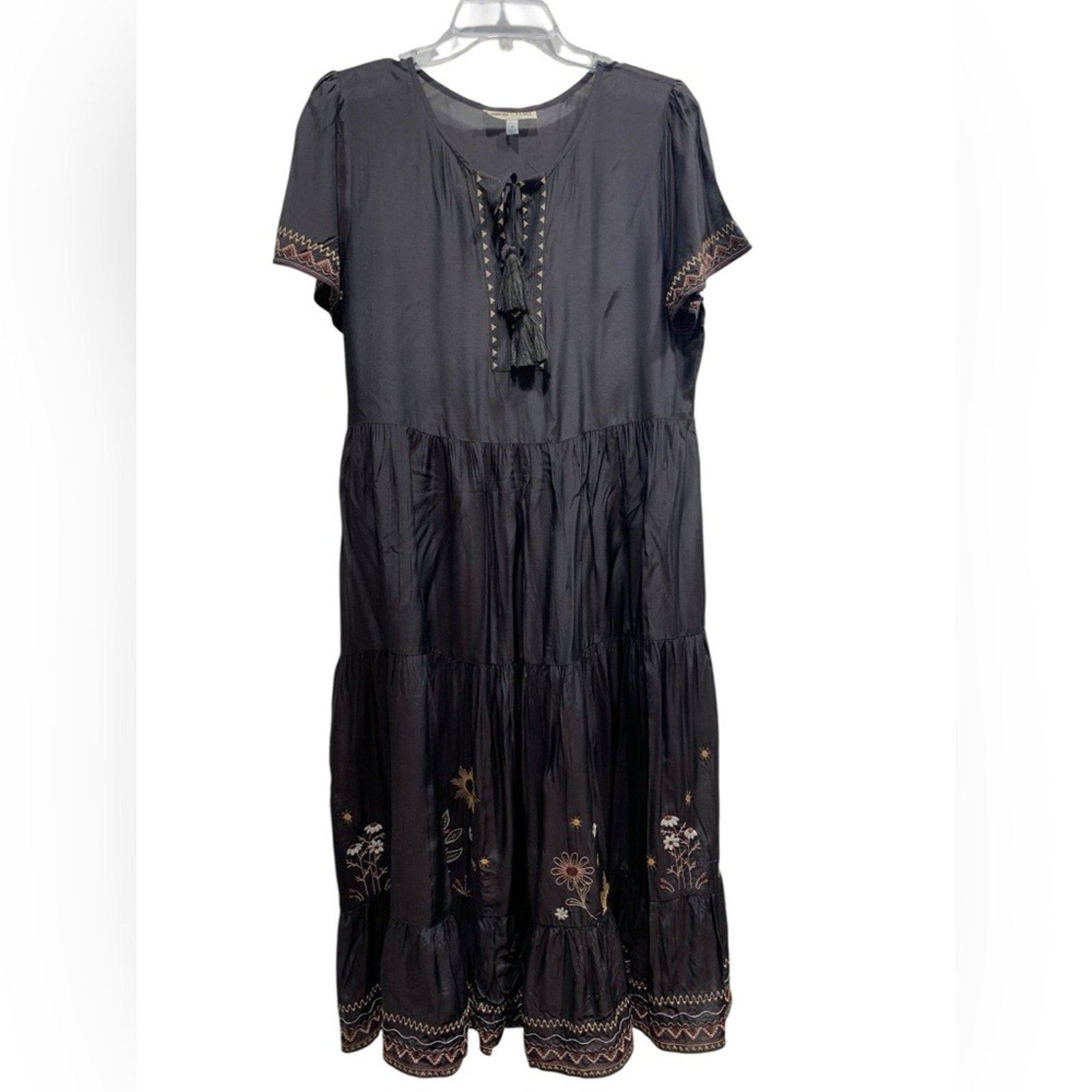 Johnny Was Calme Silk Tiered Embroidered Maxi Dr SZ M Dark Brown/Black With Slip
