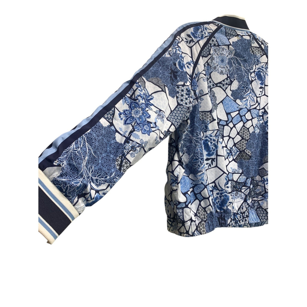 Johnny Was Bee Active Blue Floral Mosaic Full Zip Bomber Jacket Large L