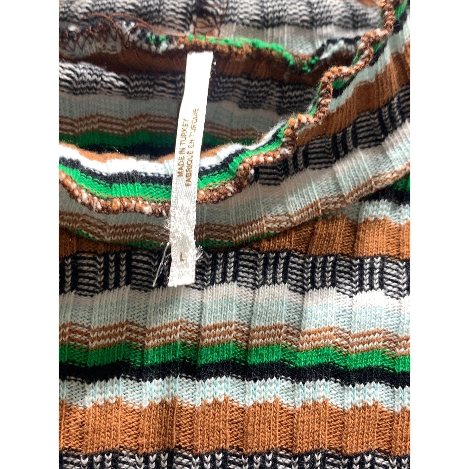 Free People Ribbed Knit Mock Neck Striped Long Sleeve Top Brown Green Large L