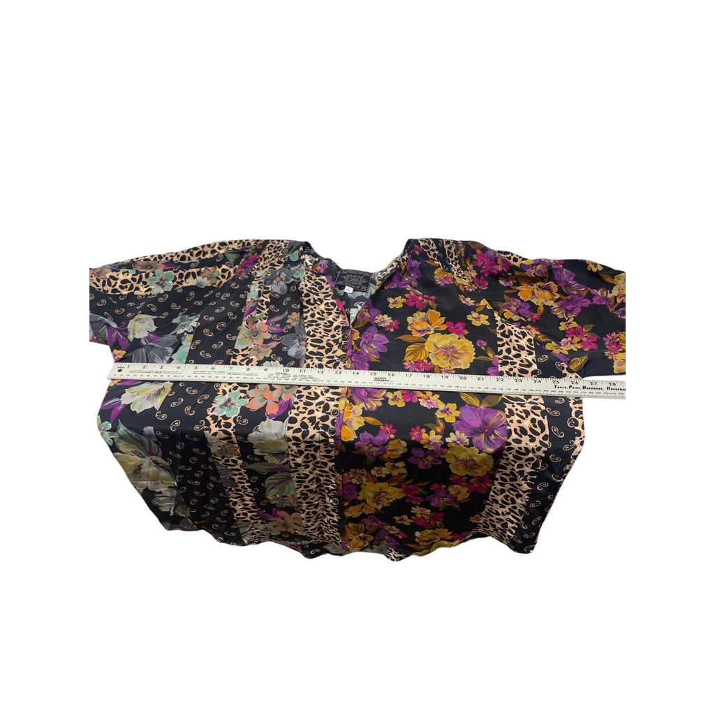 Johnny Was Zane Silk Easy Blouse Blend Patchwork Floral Leopard XL Black Multi