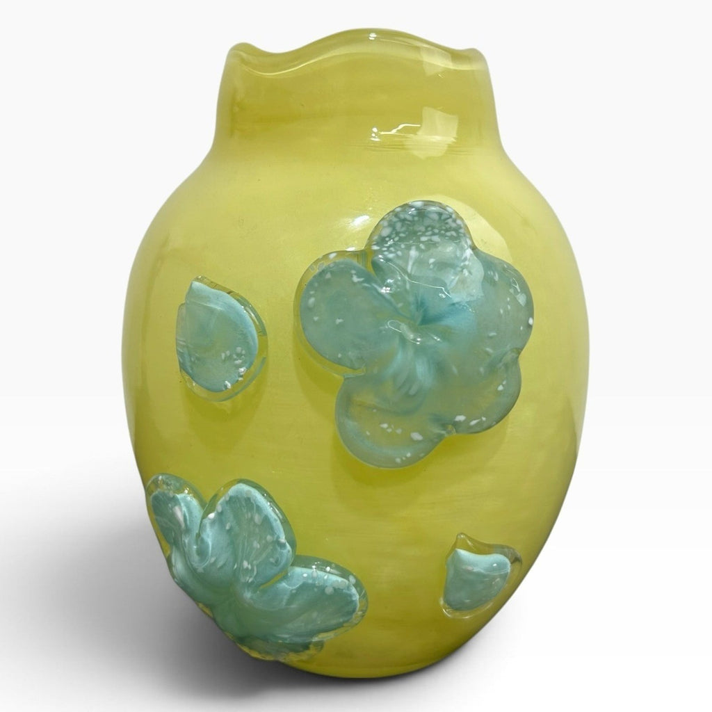 Anthropologie Yellow Glass Vase with Blue Applied Flowers Scalloped Rim 6.5in