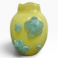 Anthropologie Yellow Glass Vase with Blue Applied Flowers Scalloped Rim 6.5in