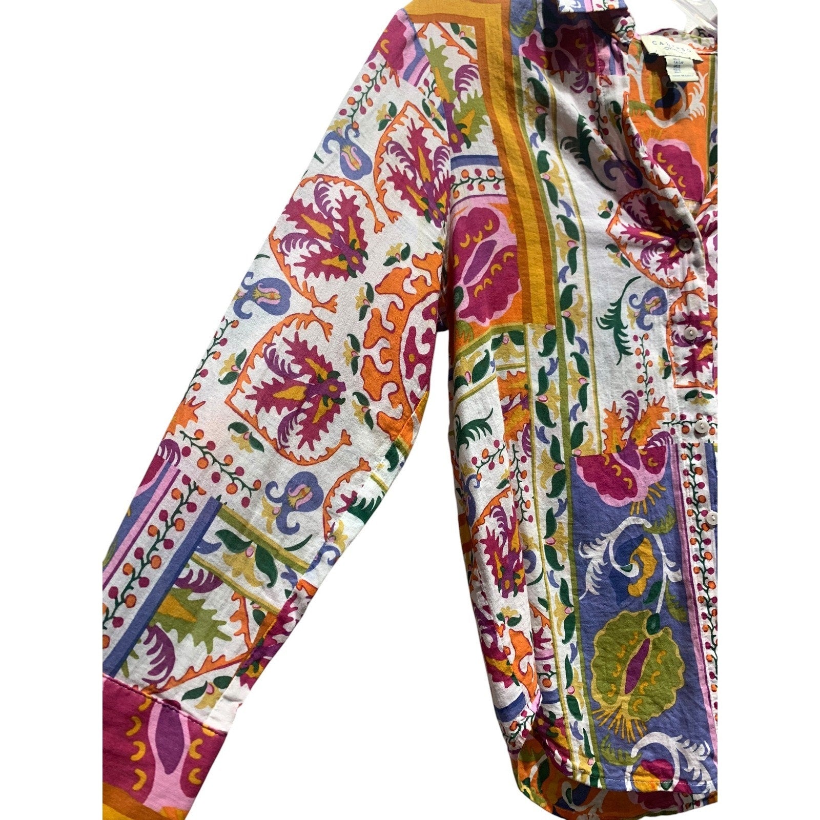 Calypso St Barth Womens Patchwork Floral Button Down Shirt Multicolor Boho Small