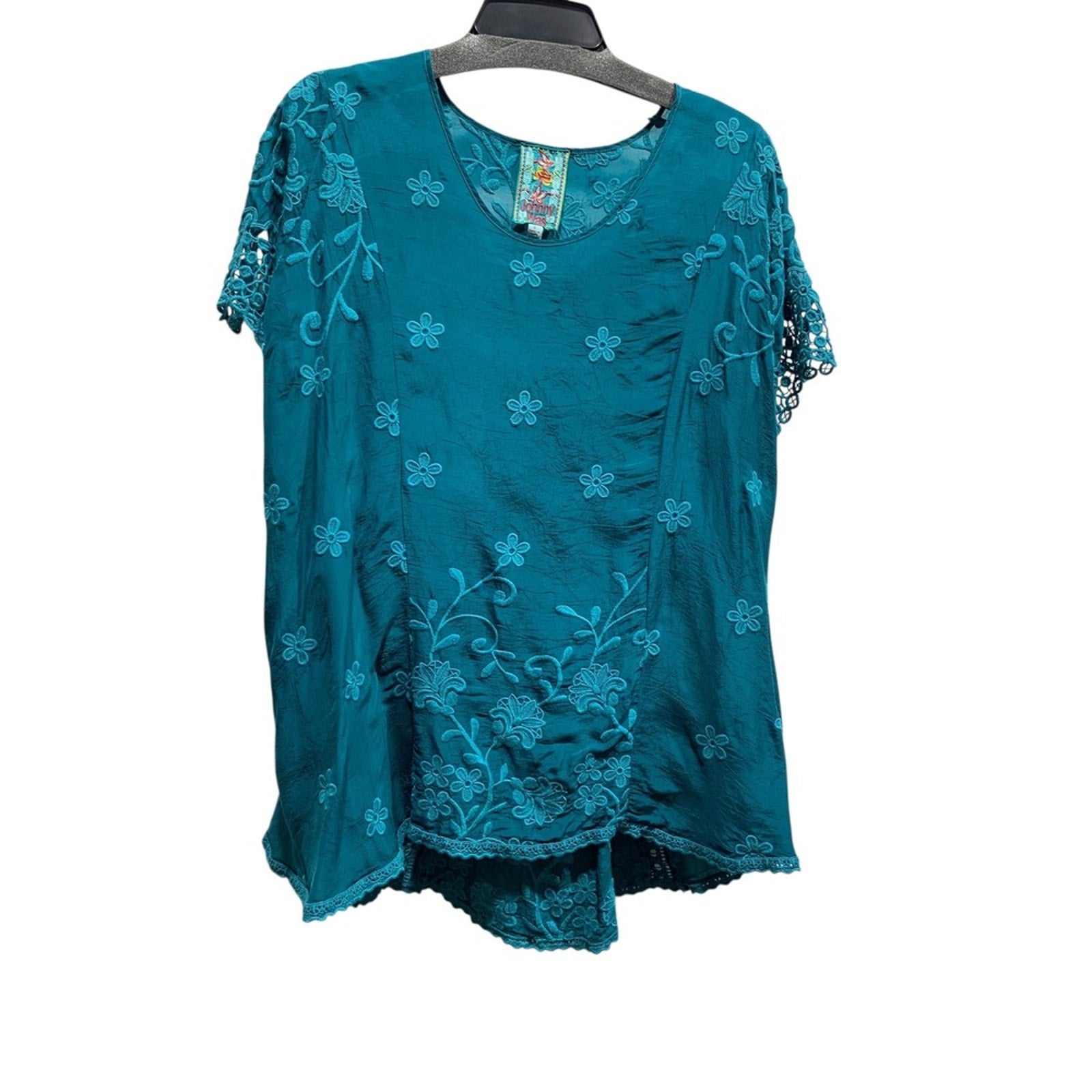 Johnny Was Embroidered Tunic Top Teal Floral Crochet Sleeve Womens Small S