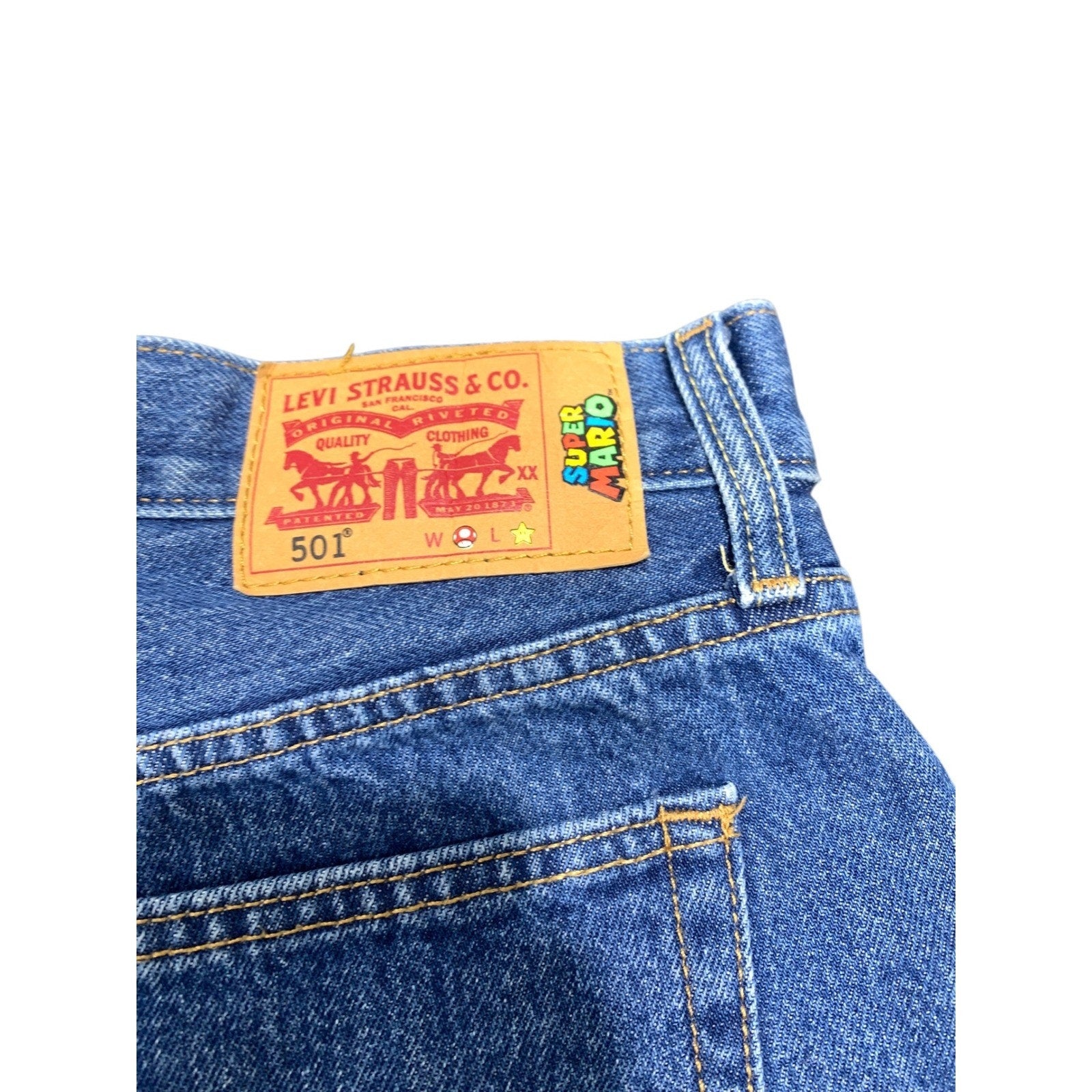 Levi's x Super Mario 501 Denim Shorts Medium Wash Blue Cut Off Womens 30