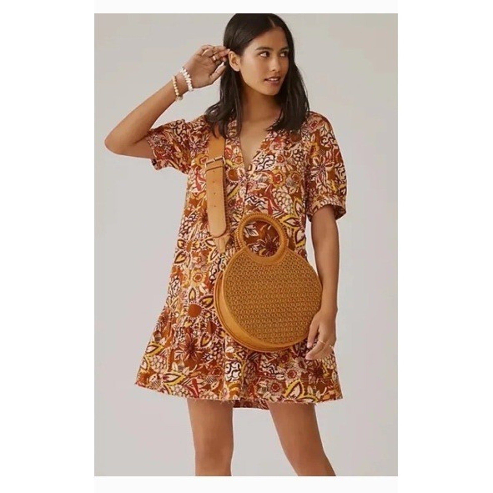 Pilcro Anthropologie Womens XL Brown Paisley Floral Puff Sleeve Tiered Mini Dres