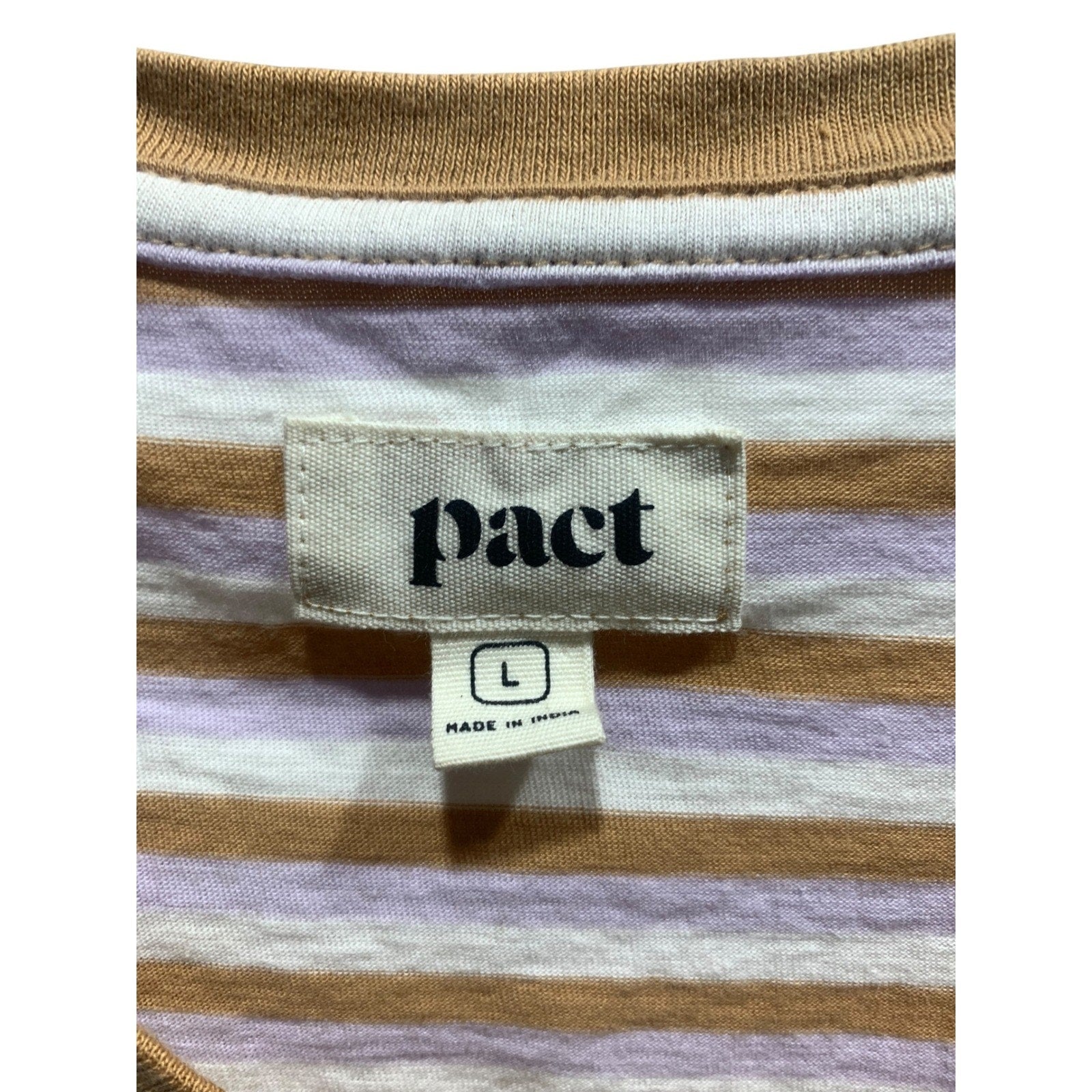 Pact Organic Cotton V-Neck Striped T-Shirt Tan Lavender White Large