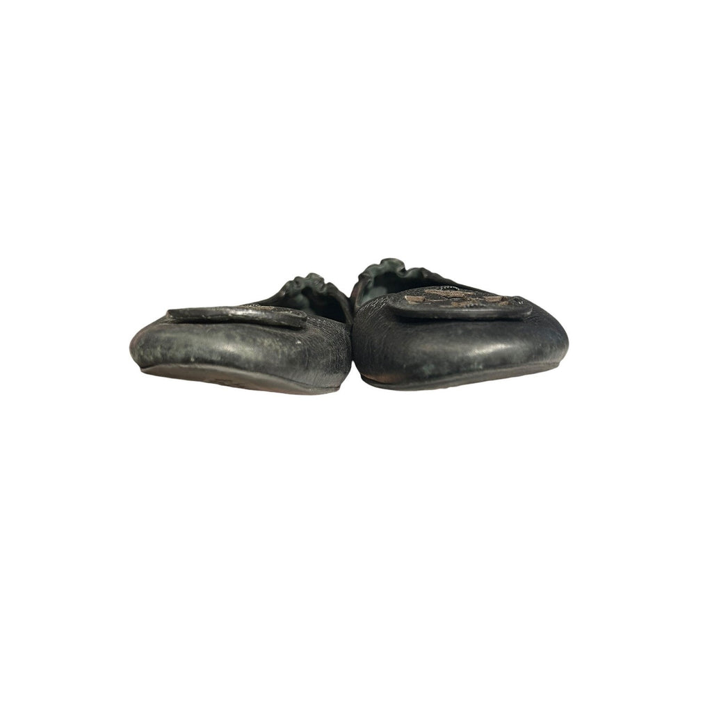 Tory Burch Minnie Travel Ballet Flats Black Pebbled Leather Logo Size 10M chic