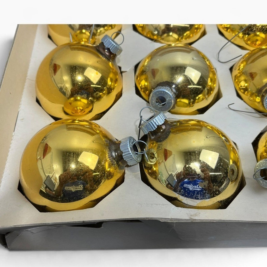Vintage Shiny Brite Gold Glass Christmas Ornaments Set of 9 USA Made 3in Patina