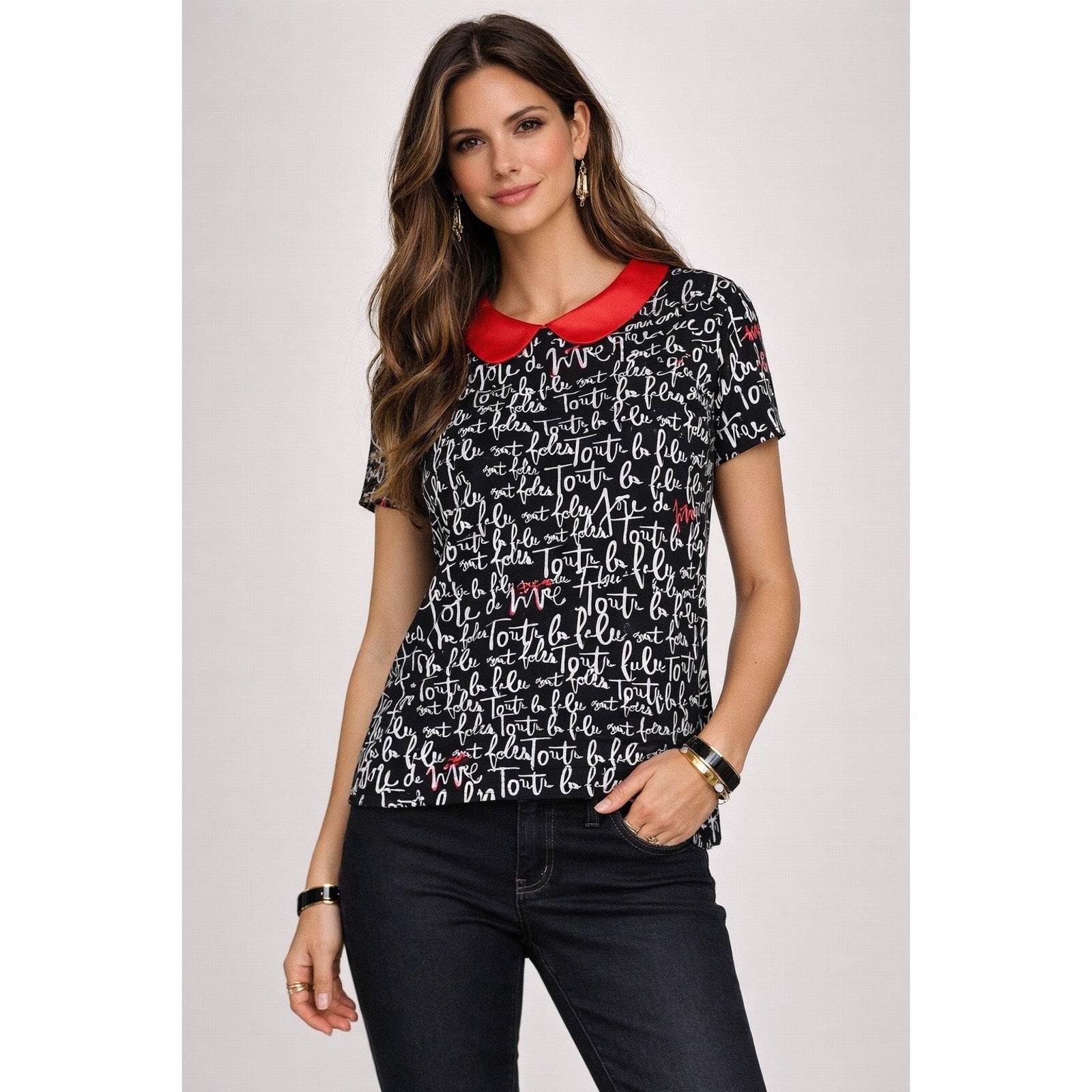 Kate Spade Toutes les Filles sont Folles Script Blouse Navy Red Collar Size 4