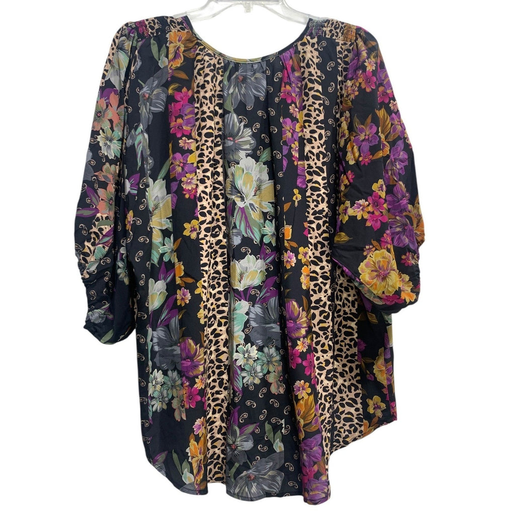 Johnny Was Zane Silk Easy Blouse Blend Patchwork Floral Leopard XL Black Multi