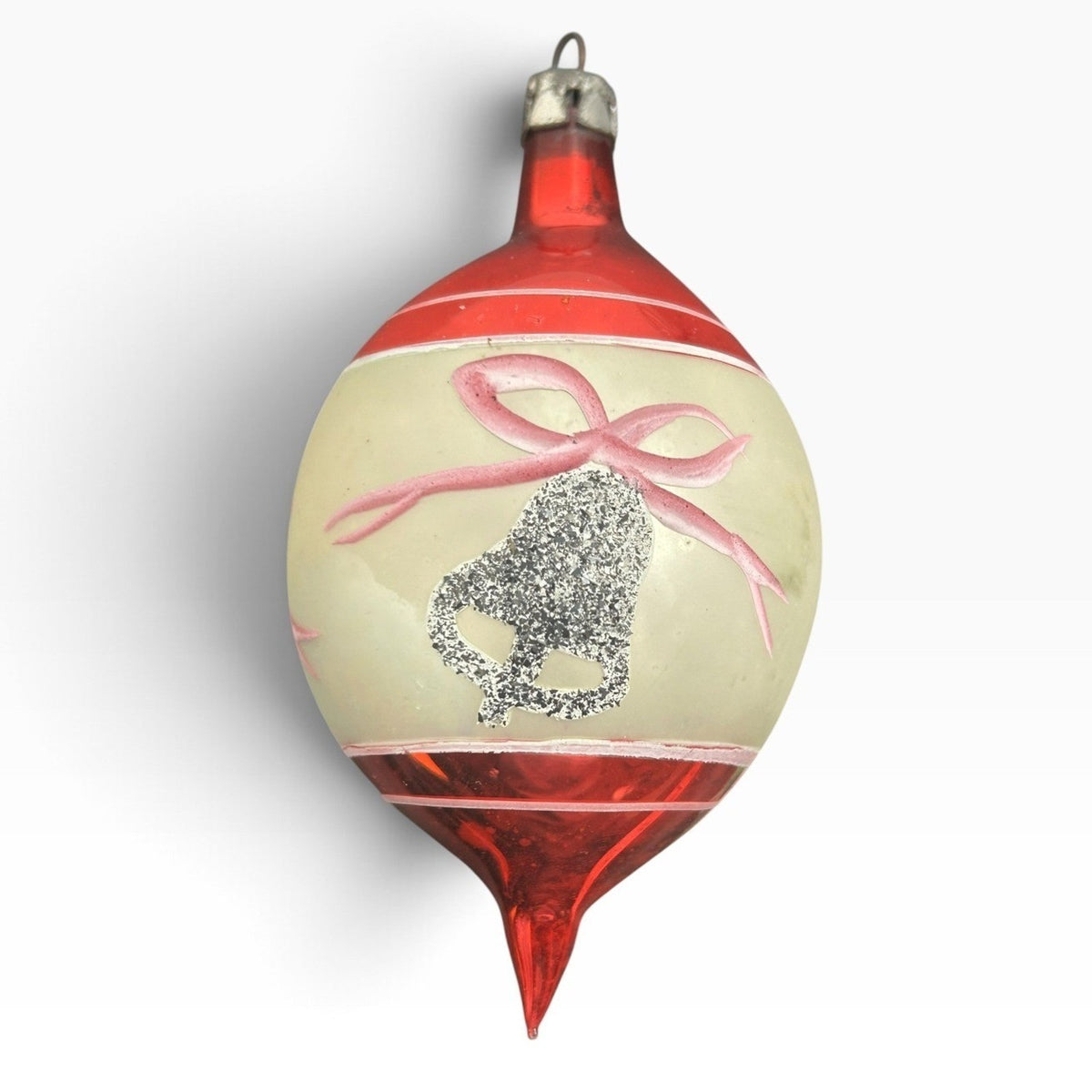 Vintage Poland Mercury Glass Teardrop Christmas Ornament Red Silver Bell 3in