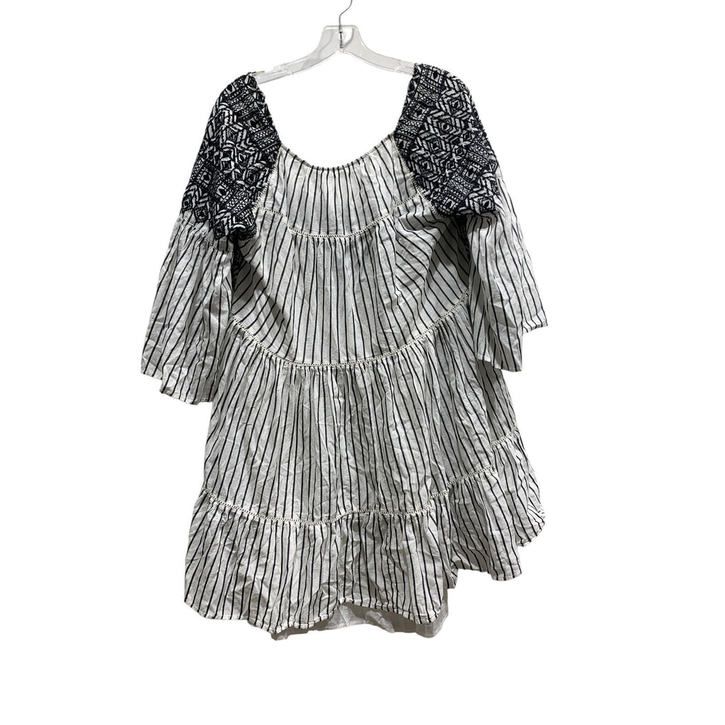 Free People Lola Embroidered Mini Dress Black White Striped Tiered Tunic Top M