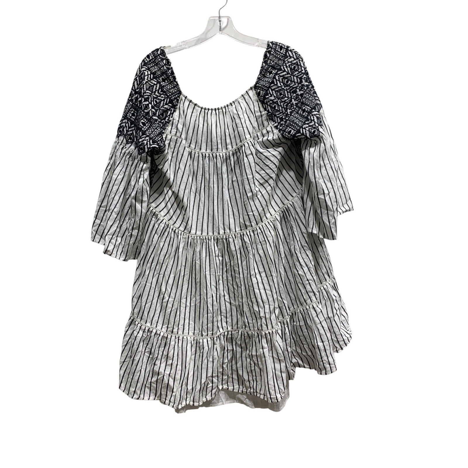 Free People Lola Embroidered Mini Dress Black White Striped Tiered Tunic Top M