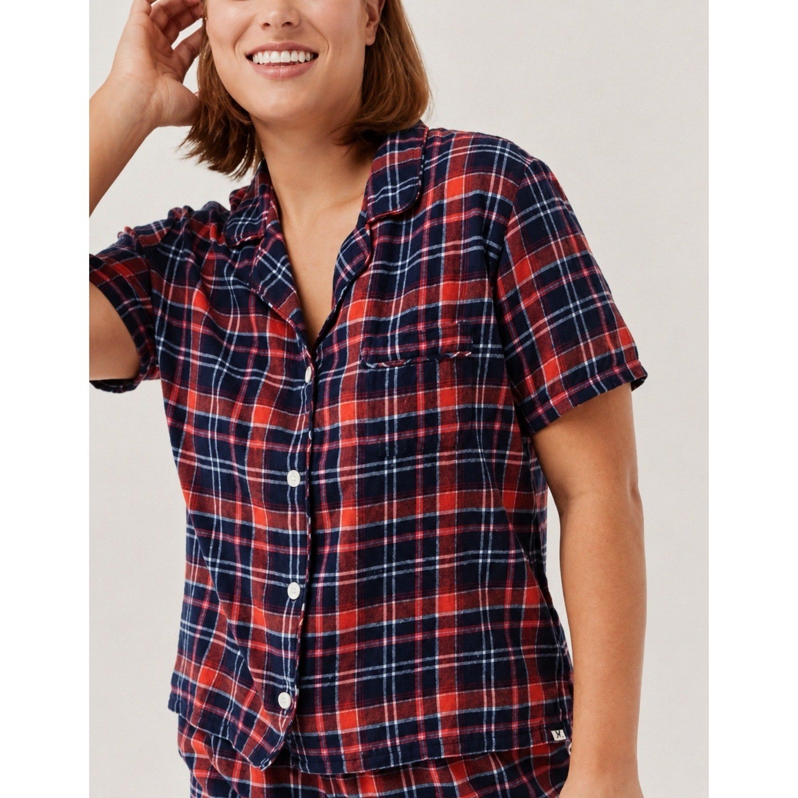 Pact Organic Cotton Flannel Plaid Pajama Top Navy Orange Pink XL Short Sleeve