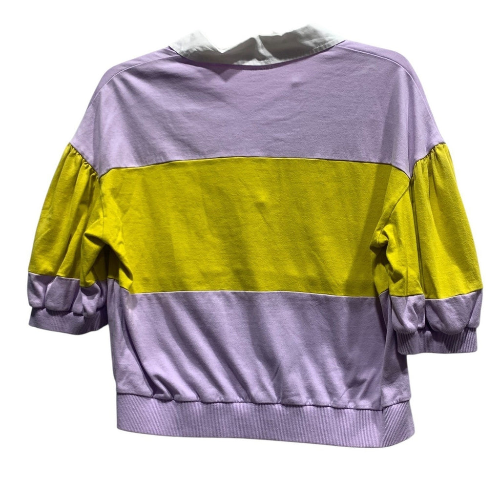 Kate Spade New York Purple Yellow Puff Sleeve Top M 100% Cotton Preppy coastal