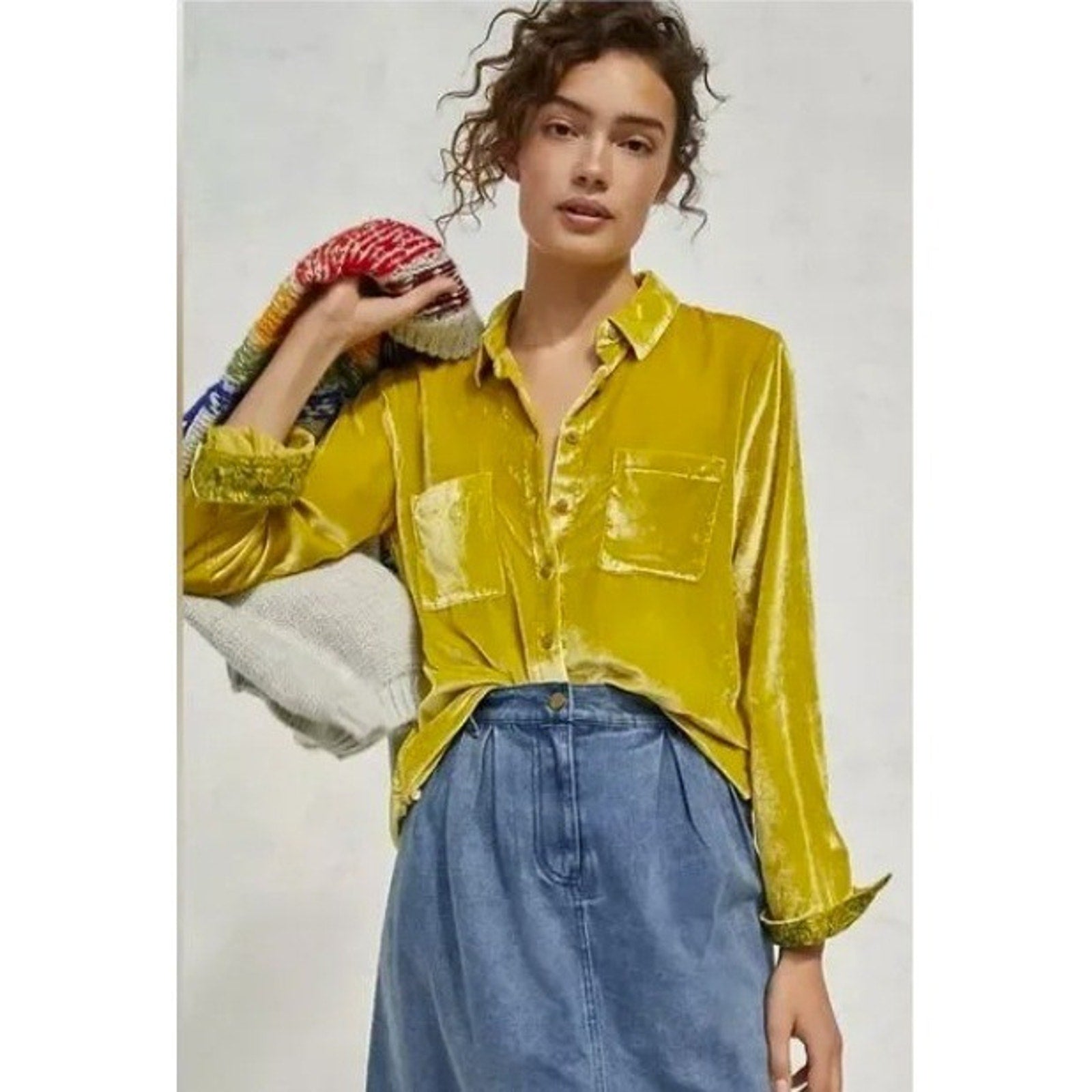 Pilcro and the Letterpress Chartreuse Green Velvet Button Down Shirt Womens 6