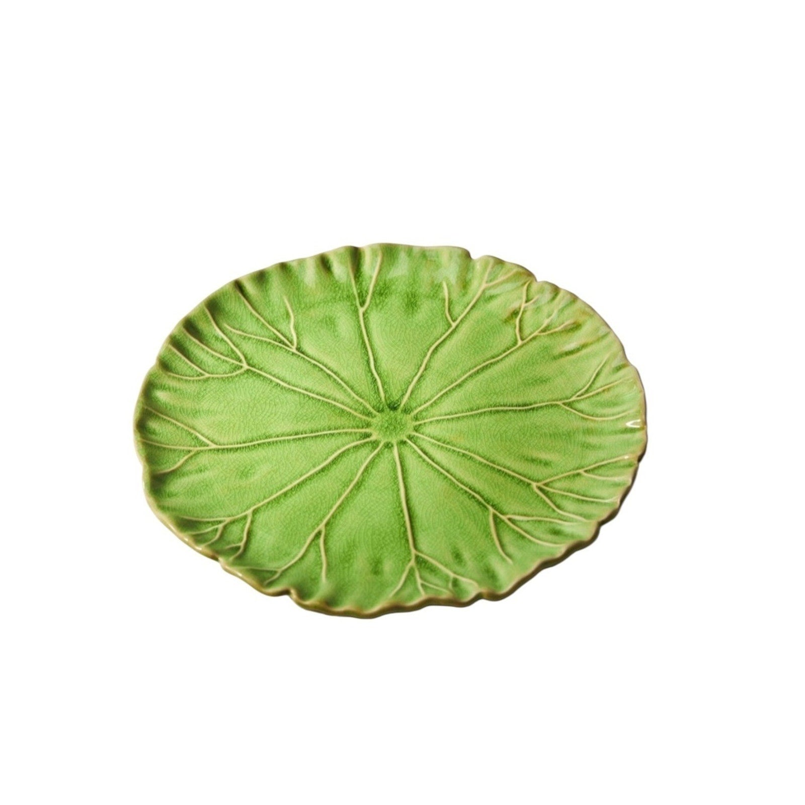 Anthropologie Green Lilypad Dessert Plate Scalloped Crackle Glaze Stoneware 11"
