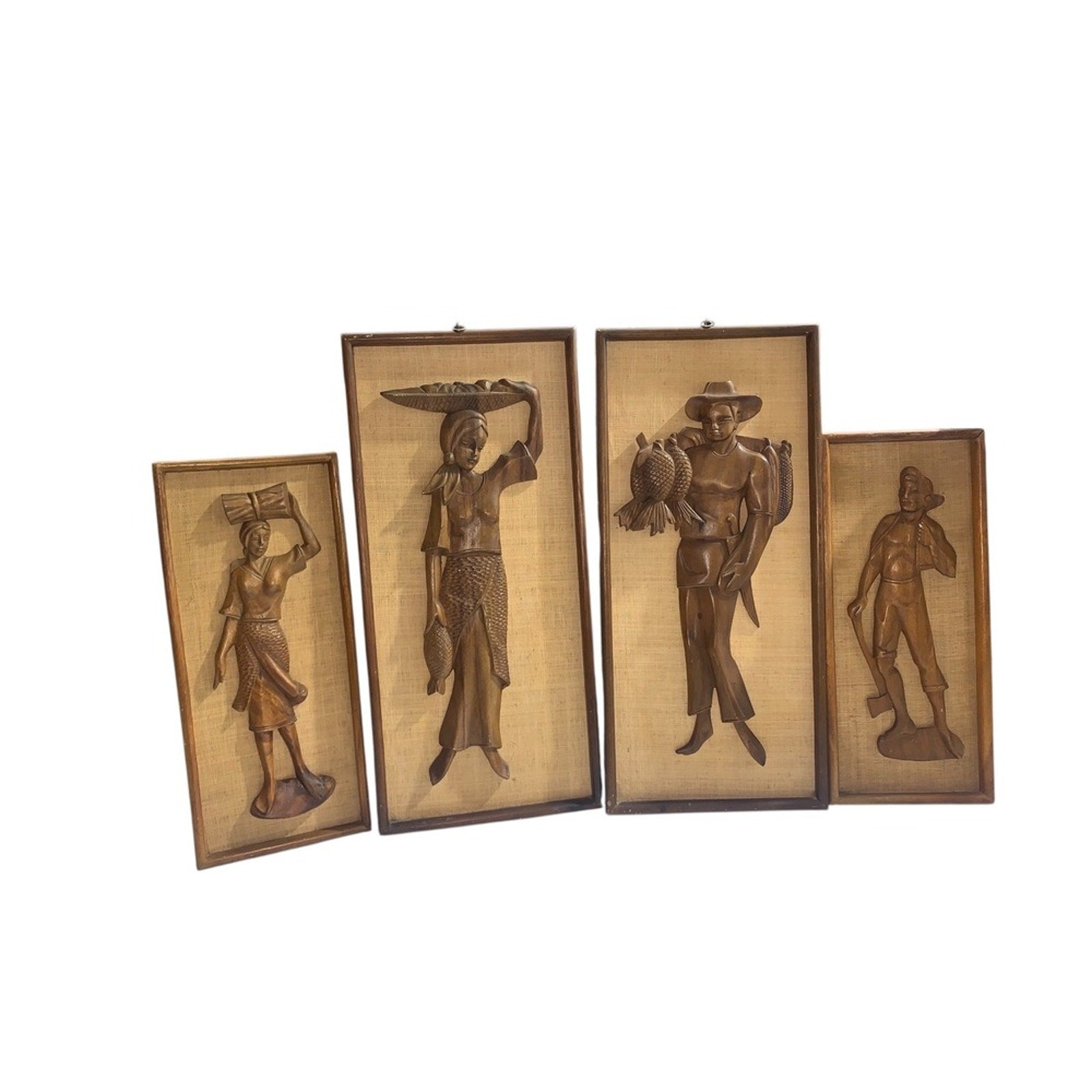 Vintage Carved Wood Figures Wall Art Set 4pc Mid Century Scene Decor