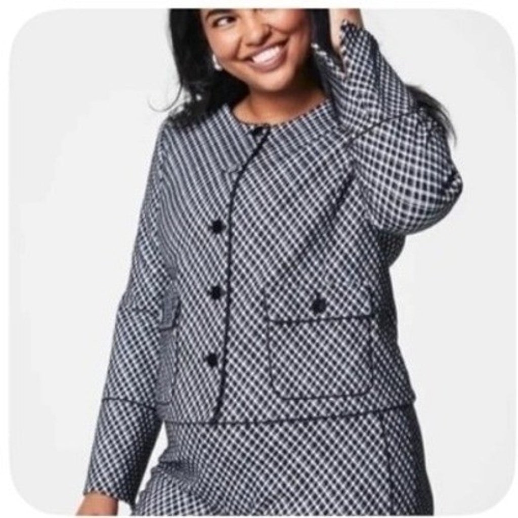 Spanx Ponte Black White Gingham Button Front Jacket Blazer Medium career preppy