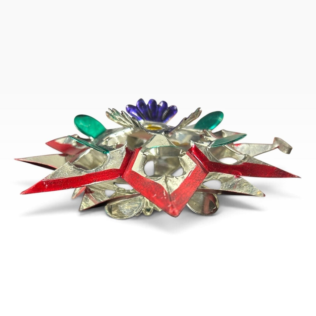 Vintage Mexican 3D Tin Star Ornament 5 Inch Hand Painted Folk Art Silver Red