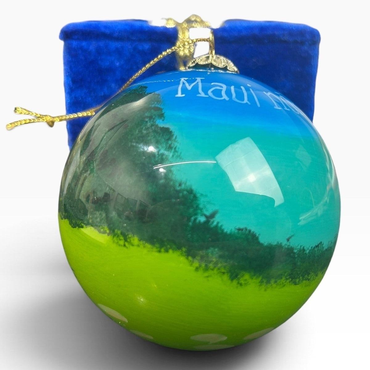 Maui No Ka Oi Hand Painted Glass Ornament Tropical Landscape With Velvet Box